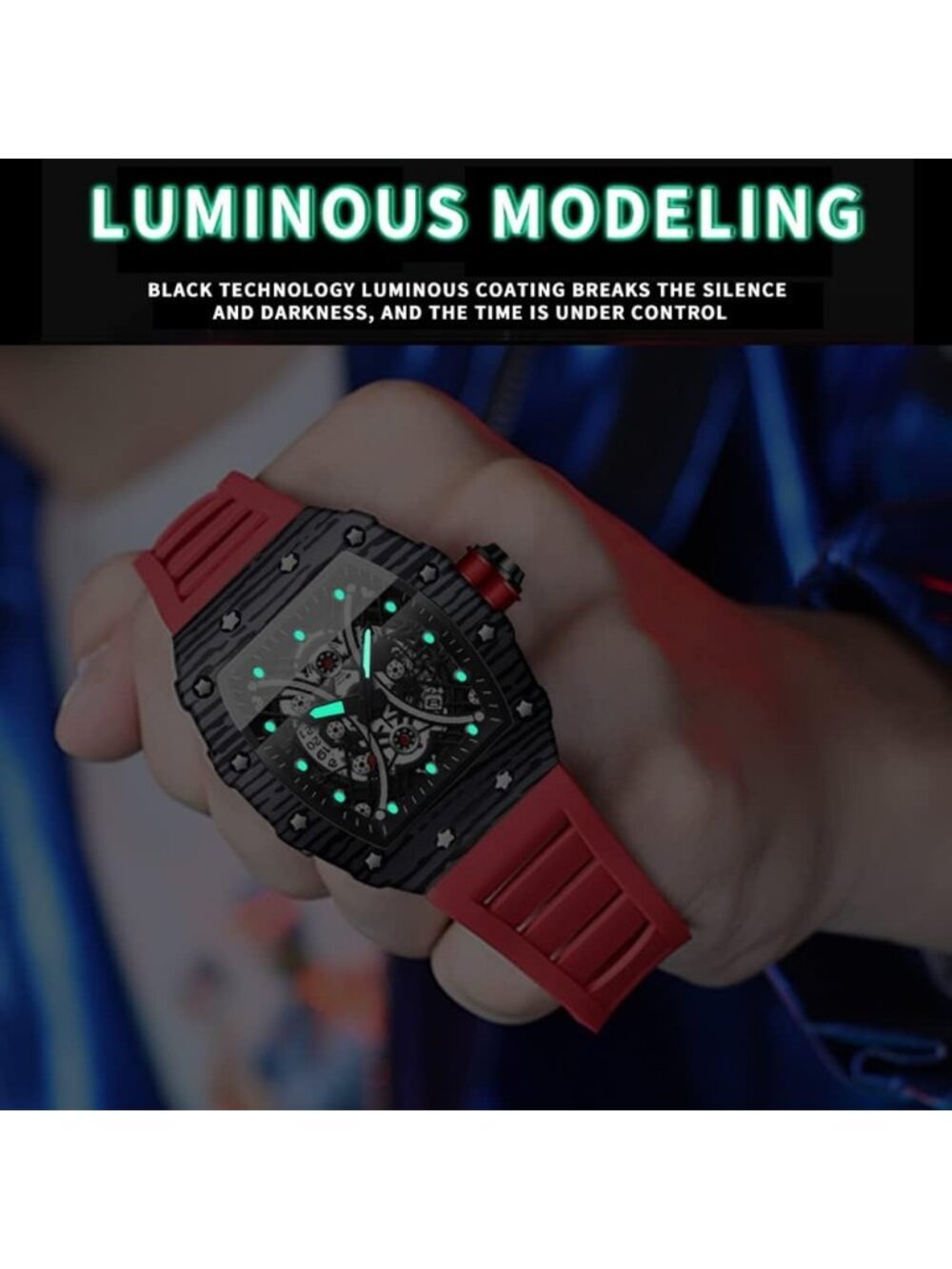 Men's Red Black Analog Quartz Silicone Strap Barrel-Shaped Skeleton Luxury Watch - Picture 3 of 6